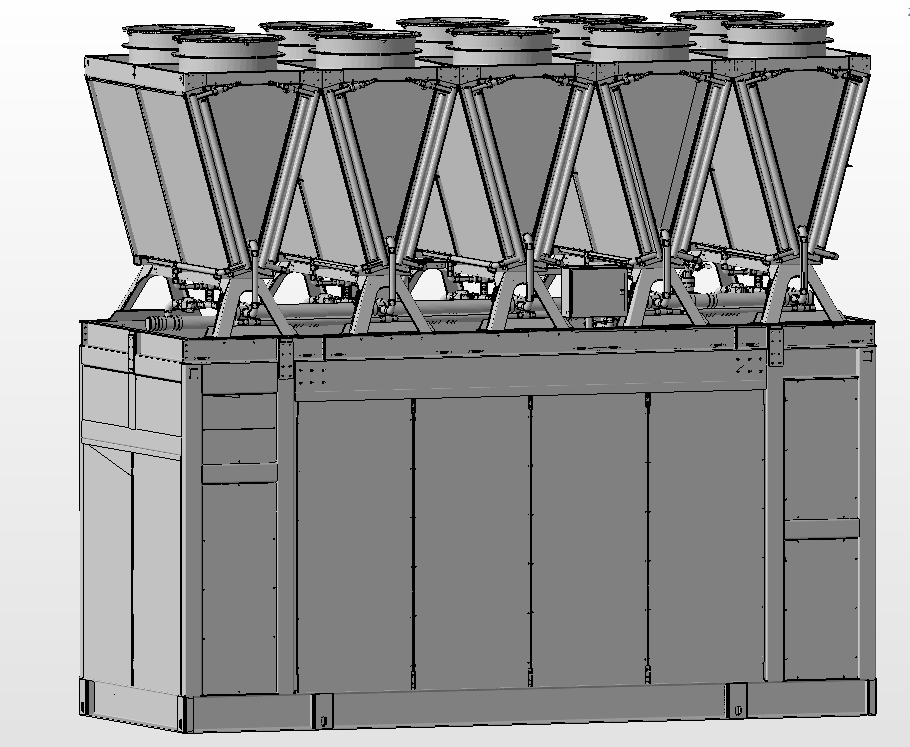 Three-quarter CAD view showing the cooling system structure and repeated modules