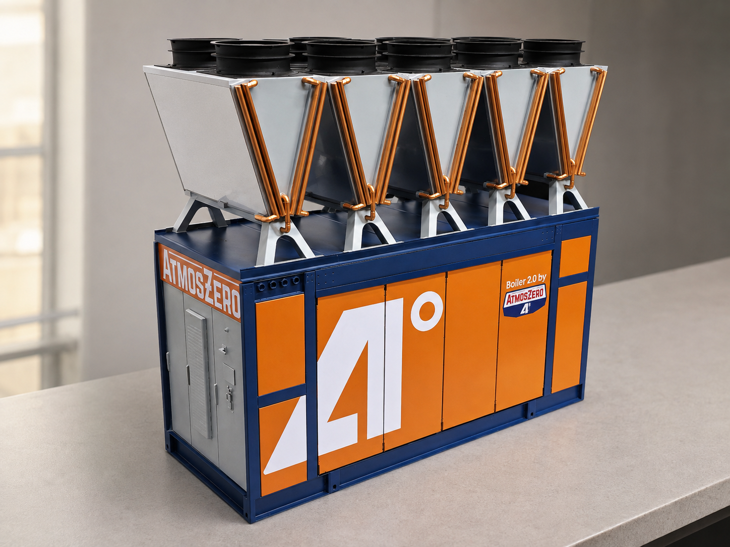 Three-quarter view of the finished AtmosZero industrial cooling system scale model