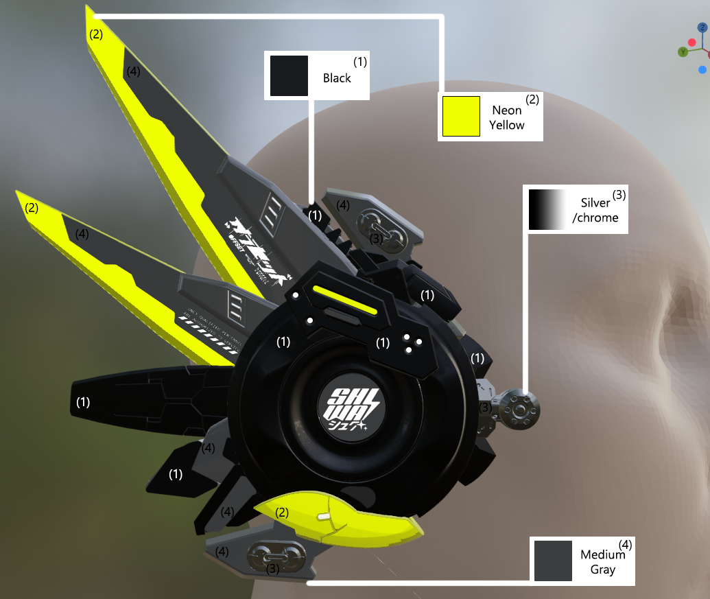 Annotated headset model showing planned black, accent, chrome, and gray finishes