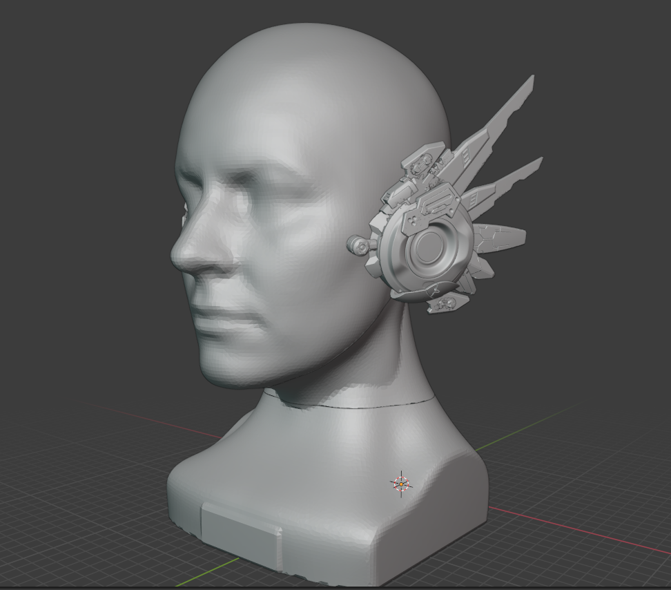Grayscale 3D model of a complex headset fitted to a digital head form